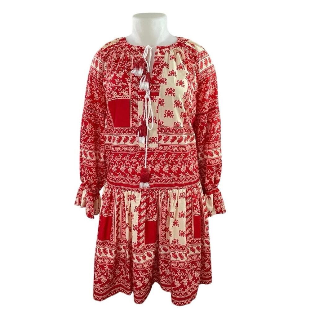 Eloquii Red Long Sleeve Tassel Patchwork Floral Boho Pleated Mini Dress Size 16